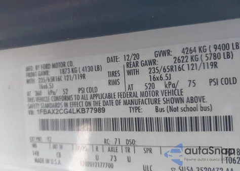 2020 Ford Transit-350 Passenger Van Xl from USA, damaged, VIN 1FBAX2CG4LKB77989